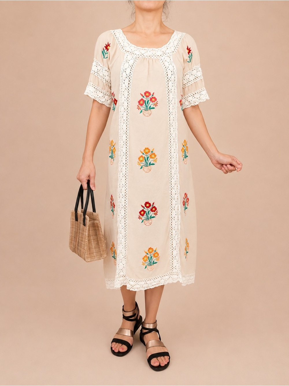 R. Vivimos Cream Embroidered Floral Lace Midi Dress | Boho Cottagecore | Size M